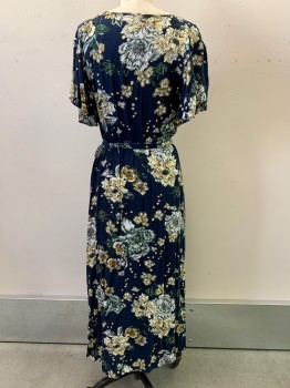 SUZANNE BETRO, Navy Blue, White, Green, Yellow, Polyester, Floral, V Neck, Crossover, Elastic Waist Band, **with Matching Belt