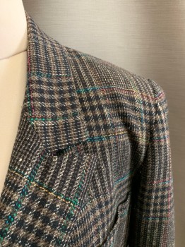 Womens, Blazer, PEABODY HOUSE, Black, Brown, White, Polyester, Wool, Plaid, B:38, Rainbow Plaid, Peaked Lapel, Double Breasted, Button Front