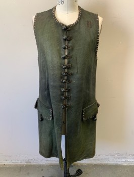 Mens, Historical Fiction Vest, SERJ, Dk Olive Grn, Leather, 38, Finely Scored/Textured Leather, Taupe Coarse Blanket Stitching Around Armholes/Neck/Pockets, Black Buttons with Loop Closures at Front, 2 Pockets, Lace Up in Back with Black Thong Laces, Made To Order, Aged, 1600's