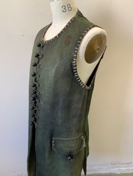 Mens, Historical Fiction Vest, SERJ, Dk Olive Grn, Leather, 38, Finely Scored/Textured Leather, Taupe Coarse Blanket Stitching Around Armholes/Neck/Pockets, Black Buttons with Loop Closures at Front, 2 Pockets, Lace Up in Back with Black Thong Laces, Made To Order, Aged, 1600's