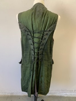 SERJ, Dk Olive Grn, Leather, Finely Scored/Textured Leather, Taupe Coarse Blanket Stitching Around Armholes/Neck/Pockets, Black Buttons with Loop Closures at Front, 2 Pockets, Lace Up in Back with Black Thong Laces, Made To Order, Aged, 1600's