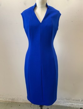 Elie Tahari, Blue, Polyester, Rayon, Solid, Chroma Key Blue Stretch Dress ,V Neck, Soft Tight Jersey Knit,, Rounded Standing 1 Inch Half Collar on Back of Neck , 3 Seams run Up and Down Front and Back , Zipper Back, Hem Below or at Knee