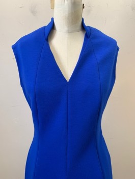 Elie Tahari, Blue, Polyester, Rayon, Solid, Chroma Key Blue Stretch Dress ,V Neck, Soft Tight Jersey Knit,, Rounded Standing 1 Inch Half Collar on Back of Neck , 3 Seams run Up and Down Front and Back , Zipper Back, Hem Below or at Knee