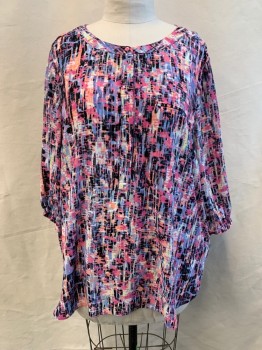 NYDJ, Pink, Periwinkle Blue, Black, Peach Orange, Lt Yellow, Polyester, Abstract , Pullover, 1/2 Button Front with Hidden Placket, Band Collar, 3/4 Sleeve, Button Cuff, 1 Welt Chest Pocket, Pleated at Back Neck