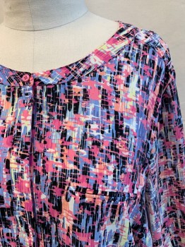 NYDJ, Pink, Periwinkle Blue, Black, Peach Orange, Lt Yellow, Polyester, Abstract , Pullover, 1/2 Button Front with Hidden Placket, Band Collar, 3/4 Sleeve, Button Cuff, 1 Welt Chest Pocket, Pleated at Back Neck