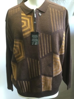 STACY ADAMS, Brown, Wool, Novelty Pattern, Collar Attached, Zip Chest, Golden Brown/ Dark Brown, Some What Geometric Design, Elbow Patches