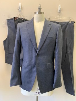 BURBERRY, Blue-Gray, Wool, Solid, Heathered, 2 Button, Flap Pockets, 2 Vent, Pick Stitch Detail