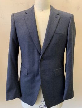 BURBERRY, Blue-Gray, Wool, Solid, Heathered, 2 Button, Flap Pockets, 2 Vent, Pick Stitch Detail