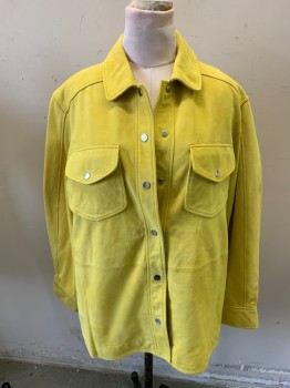 Womens, Leather Jacket, SCOTCH & SODA, Lemon Yellow, Suede, Leather, Solid, XL, Snap Front, 6 Silver Snaps, Patch Pockets with Snaps, Side Pockets, Snap Sleeves