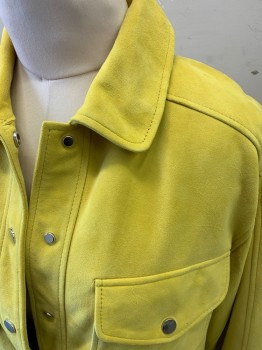 Womens, Leather Jacket, SCOTCH & SODA, Lemon Yellow, Suede, Leather, Solid, XL, Snap Front, 6 Silver Snaps, Patch Pockets with Snaps, Side Pockets, Snap Sleeves