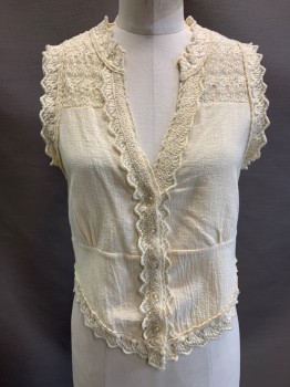 SPORTGIRL, Cream, Cotton, Solid, Slvls, Button Front, Lace Trim, Gauze Like Fabric, Clear Pearl Buttons With Bows