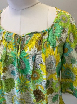 LIBERTY, Mint Green, Goldenrod Yellow, Off White, Polyester, Floral, 3/4 Sleeves, Flounce at Hem, Smock Neckline with Tie