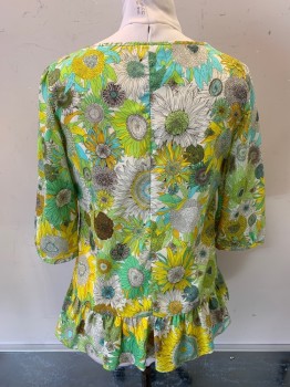 LIBERTY, Mint Green, Goldenrod Yellow, Off White, Polyester, Floral, 3/4 Sleeves, Flounce at Hem, Smock Neckline with Tie