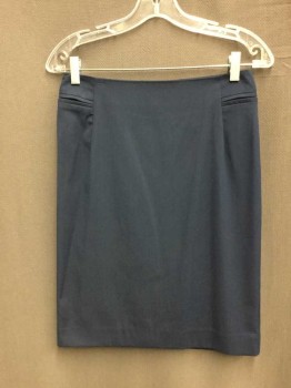 MANGO, Dk Blue, Polyester, Spandex, Solid, Pencil, Length Above Knee, Slit Center Back, and Zipper Center Back, Double Jetted Detail at Both Hip Line