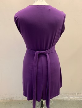 FAITH 21, Aubergine Purple, Polyester, Spandex, Solid, Stretch Fabric, Surplice V-neck, Pleats at Shoulder Seams Almost a Cap Sleeve, 2" Wide Self Waistband with Self Belt Ties Attached at Sides, Gathered Front Waist, Knee Length