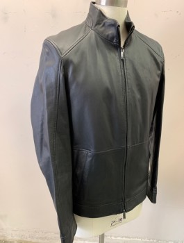 Mens, Leather Jacket, MICHAEL KORS, Black, Leather, Solid, L, Zip Front, Stand Collar, 2 Welt Pockets with Snap Closures