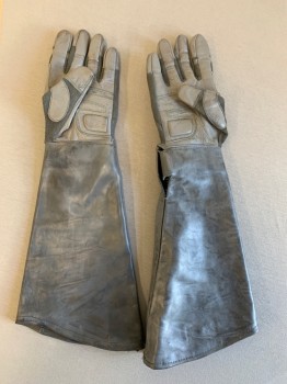 Unisex, Sci-Fi/Fantasy Gauntlets, N/L MTO, Gray, Metallic, Leather, Cotton, S, Pair, Stiffened Cotton Motorcycle Gloves Attached to Leather Elbow Length Extension, Molded Knuckles with Metallic Finish, Leather Panels on Fingers,  Aged/Scuffed Throughout, Multiples