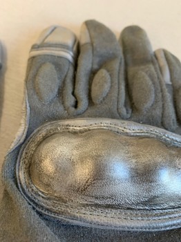 N/L MTO, Gray, Metallic, Leather, Cotton, Pair, Stiffened Cotton Motorcycle Gloves Attached to Leather Elbow Length Extension, Molded Knuckles with Metallic Finish, Leather Panels on Fingers,  Aged/Scuffed Throughout, Multiples