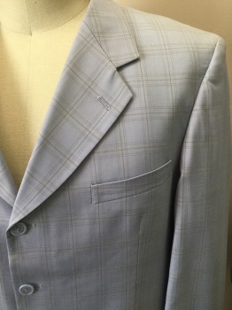 BENDEZZ, Ice Blue, Tan Brown, Lt Gray, Wool, Plaid-  Windowpane, Single Breasted, 4 Buttons, Notched Lapel,