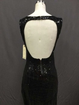 Angel, Black, Polyester, Sequins, Stripes, Scoop Neck, Lined To Mini Length, Flared Skirt To Floor, Open Back, Rosette At Drop Waist