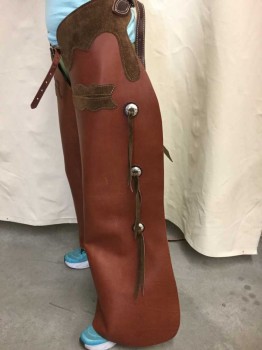 Mens, Chaps, CHEM TAC, Tan Brown, Brown, Leather, Cowboy Leather Chaps, 3 Hooks In Back, 2 Pockets, 3 Conchos Per Leg