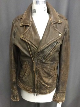 Mens, Leather Jacket, ABERCROMBIE & FITCH, Brown, Leather, Solid, M, Motorcycle Jacket, Epaulets, Zip Front, 3 Pockets, Zip Sleeve Hem