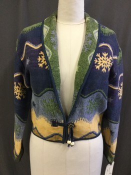 Womens, Jacket, FLASHBACK, Navy Blue, Green, Butter Yellow, Lt Blue, Cotton, Novelty Pattern, Holiday, M, Shawl Lapel, 1 Button Loop with Tassel Center Front, Chenille 