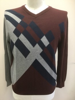 AXIST, Brown, Navy Blue, Gray, Cotton, Polyester, Color Blocking, Geometric, Brown with Abstract Oversized Geometric Pattern, One Sleeve is Gray, with Large Navy Stripes and Rectangles, Knit, V-neck, Long Sleeves