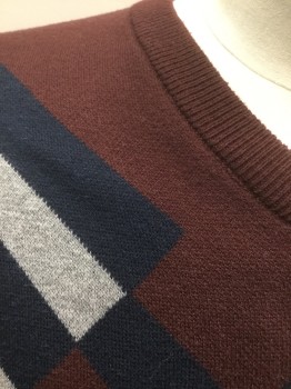AXIST, Brown, Navy Blue, Gray, Cotton, Polyester, Color Blocking, Geometric, Brown with Abstract Oversized Geometric Pattern, One Sleeve is Gray, with Large Navy Stripes and Rectangles, Knit, V-neck, Long Sleeves