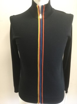 PAUL SMITH, Black, Red, Yellow, Blue, Wool, Solid, Stripes - Vertical , Zip Front, Stripes Along Zipper, Stand Collar,
