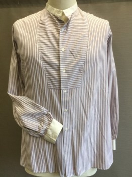 Mens, Shirt 1890s-1910s, MTO, Off White, Dk Red, Dk Gray, Cotton, Stripes - Vertical , Stripes - Micro, 35, 17.5, Horizontal Same Print Yoke Front & Back, Off White Stand, Band Collar & Long Sleeves Cuffs,