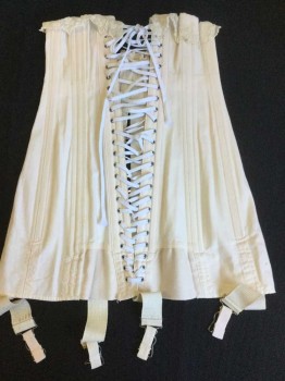 Womens, Corset 1890s-1910s, N/L, Lt Pink, Cream, White, Solid, H:36, W:23, Underbust 26"  Measurements to Close Completely, Cream Lace Top, Steel Spoon Busk Center Front, Lace Up Center Back, Light Brown Stain On Left Side, 'Fox' Written on Right Side at Waist, Garter Straps,