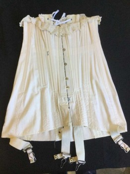 Womens, Corset 1890s-1910s, N/L, Lt Pink, Cream, White, Solid, H:36, W:23, Underbust 26"  Measurements to Close Completely, Cream Lace Top, Steel Spoon Busk Center Front, Lace Up Center Back, Light Brown Stain On Left Side, 'Fox' Written on Right Side at Waist, Garter Straps,