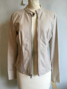 EXPRESS, Lt Beige, Faux Leather, Polyester, Solid, Zip Front, 2 Zip Pockets