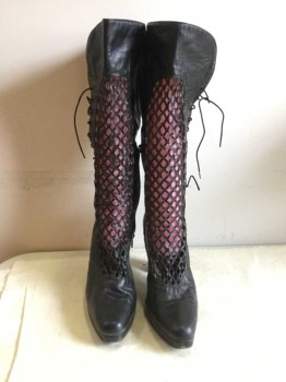 Womens, Boots, Jenni, Black, Leather, 10, Open Work, Zip Ankle, Lace Up Sides,