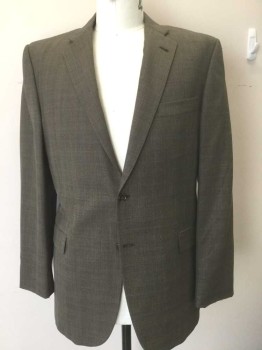 BURBERRY, Brown, Lt Brown, Blue, Wool, Plaid-  Windowpane, Check , Light Brown/Brown Micro Check/Specks, with Faint Blue Windowpane Thin Stripes, Single Breasted, Notched Lapel, 2 Buttons,  3 Pockets