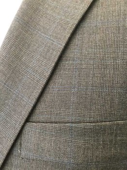 BURBERRY, Brown, Lt Brown, Blue, Wool, Plaid-  Windowpane, Check , Light Brown/Brown Micro Check/Specks, with Faint Blue Windowpane Thin Stripes, Single Breasted, Notched Lapel, 2 Buttons,  3 Pockets