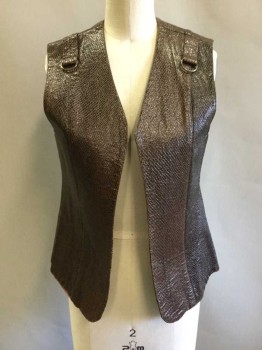 Womens, Vest, R.A.R, Dk Brown, Leather, Reptile/Snakeskin, S, Dark Brown Snakeskin, Open At Center Front, (No Closures) Straps with Brass D Rings At Shoulders, Brown Lining,