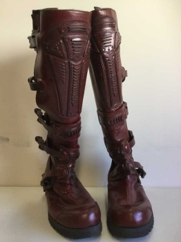Mens, Sci-Fi/Fantasy Boots , MTO, Dk Red, Leather, Plastic, 8, Knee High Boots, 5 Buckles with Velcro, Made To Order,