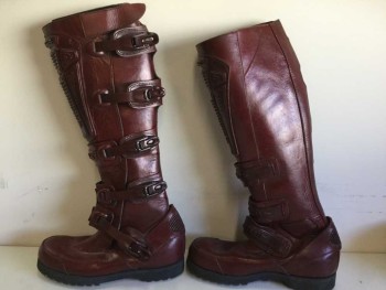MTO, Dk Red, Leather, Plastic, Knee High Boots, 5 Buckles with Velcro, Made To Order,