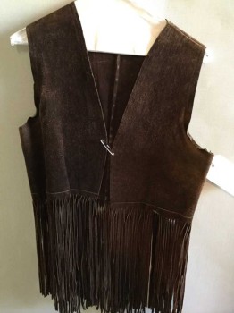 Womens, Leather Vest, N/L, Dk Brown, Suede, Solid, S, Open Front Dk Brown Suede with Long Fringe Detail, See Photo Attached,