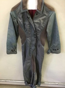 Womens, Sci-Fi/Fantasy Jumpsuit, Lt Blue, Brown, Nylon, Cotton, Solid, Xs, Dusty Blue, Aged/Distressed,  With Quilted Cotton Insets, Zip Front, Snap Detail, Collar Attached,  