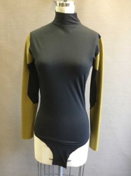 Womens, Sci-Fi/Fantasy Top, MTO, Black, Olive Green, Synthetic, Color Blocking, B34/36, Black Bodysuit, Mock Turtleneck, Zip Back, Hook & Eyes Crotch, Textured Olive Sleeve Panels, Small Hole in Shoulder Seam, Small Hole in CB Seam