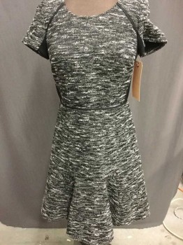 JCREW, Black, Gray, White, Cotton, Polyester, Tweed, Cap Sleeve, Round Neck,  Flared Hem, Back Zipper, See Photo Attached,