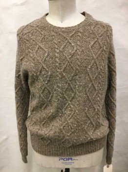 BROOKS BROTHERS, Tan Brown, Wool, Speckled, Cable Knit, Ribbed Knit Crew Neck/Waist/Cuff