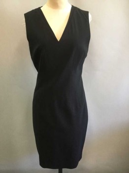ELIE TAHARI, Black, Wool, Spandex, Solid, Sleeveless, V-neck, Sheath, with 2 Darts on Either Side of Waist, Hem Below Knee, Invisible Zipper at Center Back