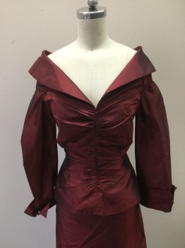 Womens, Dress, Piece 1, CHETTA B, Wine Red, Polyester, Solid, 4, 90's 2pc Eveing Gown,Shot Red Taffeta. Top - Off the Shoulder Look with Collar Trim, Long Sleeves, Rushed Center Front, Fitted Through Waist. Zipper Center Back,