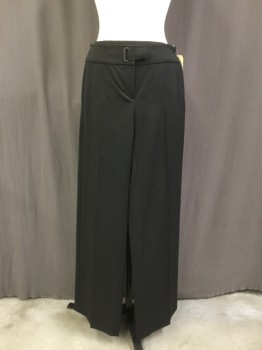 EMPORIO ARMANI, Black, Wool, Solid, Low Rise, Short Fly Front with Interesting Waistband Closure, 3 Pockets, Straight Slightly Flared Leg