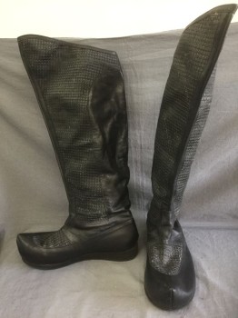 Mens, Historical Fiction Boots , N/L, Black, Leather, Solid, Basket Weave, 12.5, Above Knee Length Boots with Basketweave Panels at Sides, Pointed and Slightly Curved Up Toe, Hidden Wedge Heel Inside, Middle Eastern Historical