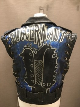 Mens, Leather Vest, JAMMIN LEATHER, Black, Leather, Solid, M, Punk, Motorcycle Style, Zip Front, Collar Attached, Epaulets, 4 Pockets, Self Belt, Belt Loops, Blue/red/Silver Artistically DIY Painted, Grommetted Sides Chained Together, "JUGGERNAUT" on Back